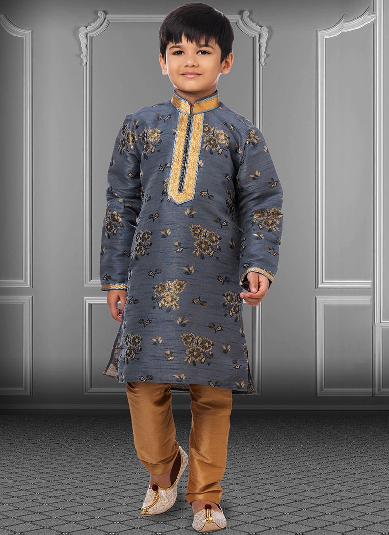 Dark Grey Jacquard Silk Boys Kurta Pyjama  Party Wear