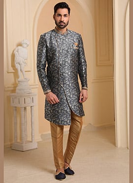 Dark Grey Jacquard Silk Brocade Indowestern Sherwani