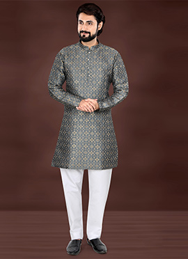 Dark Grey Jacquard Silk Kurta Pyjama