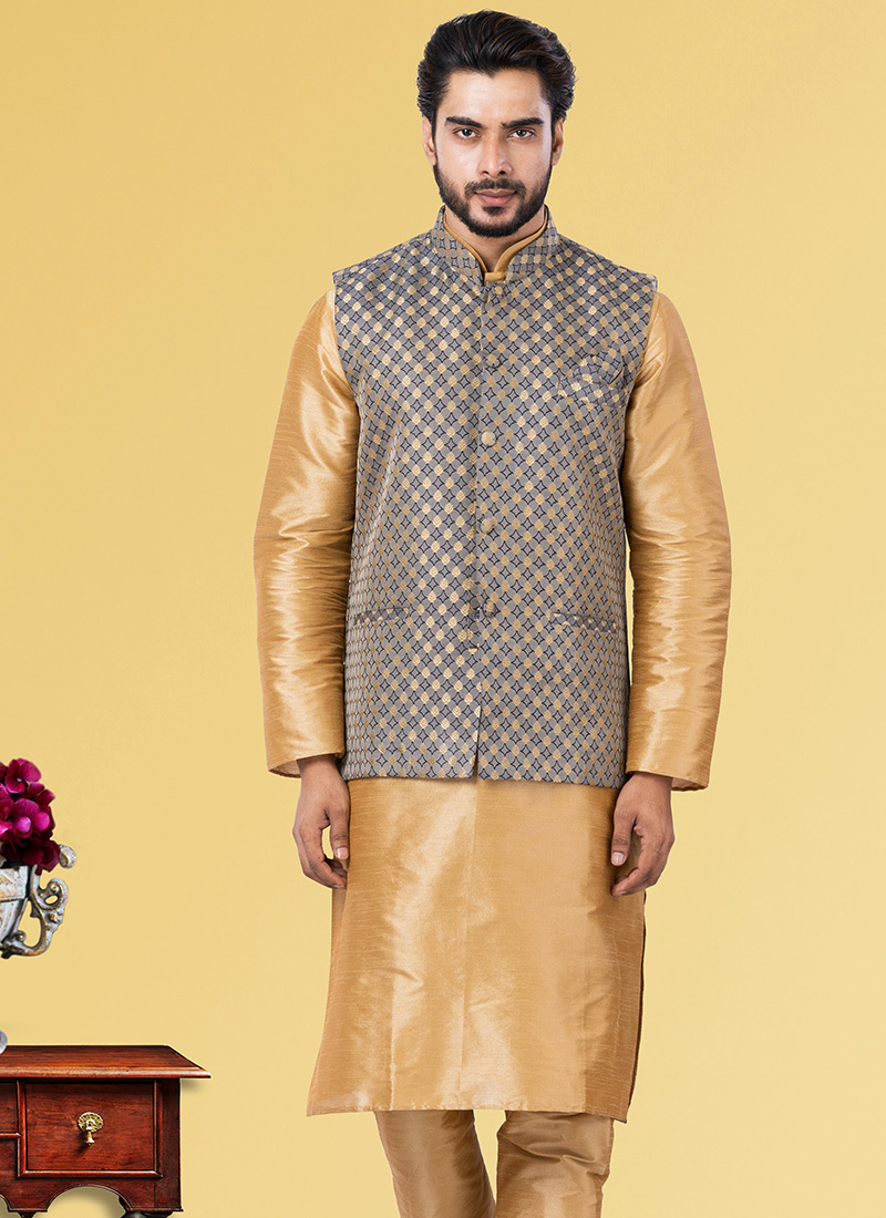 Buy Dark Grey Jacquard Silk Nehru jacket, Jacquard, nehru jacket Online