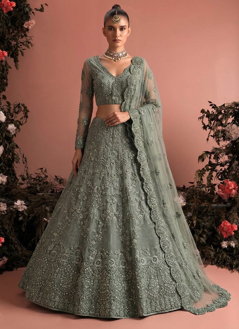 Dark Grey Net Embroidered Lehenga Wedding Wear