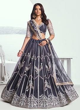 Dark Grey Net Embroidered Sequins Gorgeous Lehenga