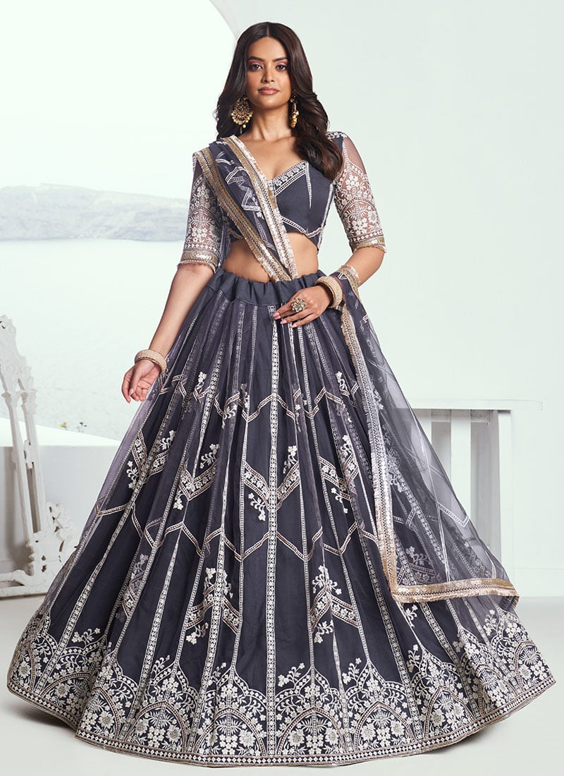 Dark Grey Net Embroidered Sequins Gorgeous Lehenga Wedding Wear