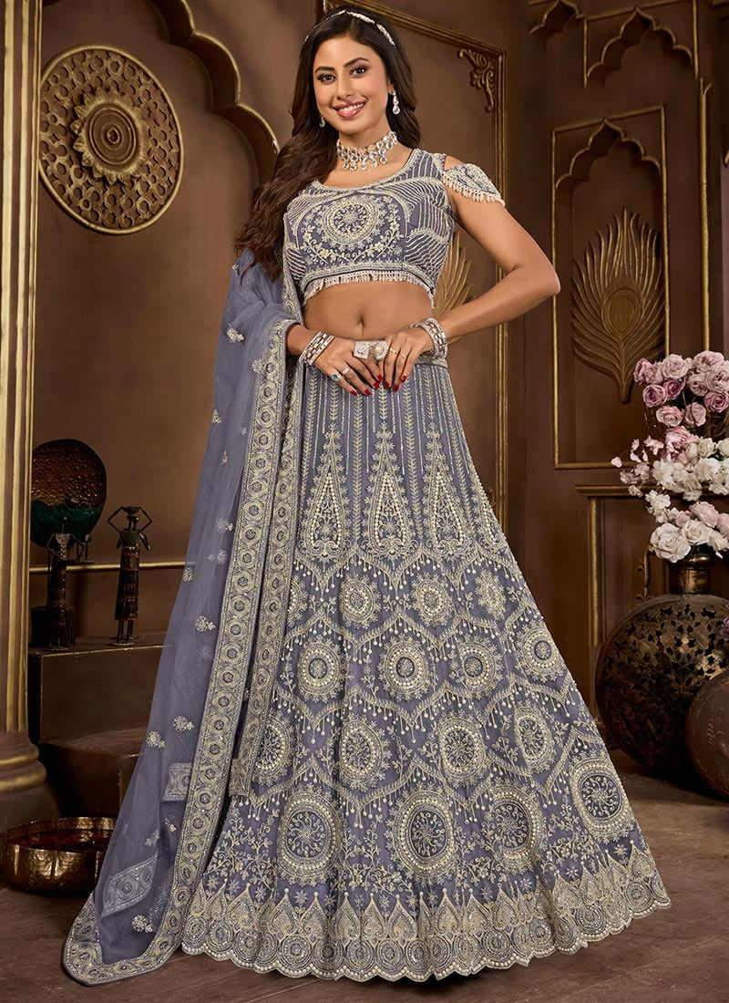 Dark Grey Net Zari Thread Zarkan Beads Embroidered Sequins Lehenga Wedding Wear-GHSCC48519013