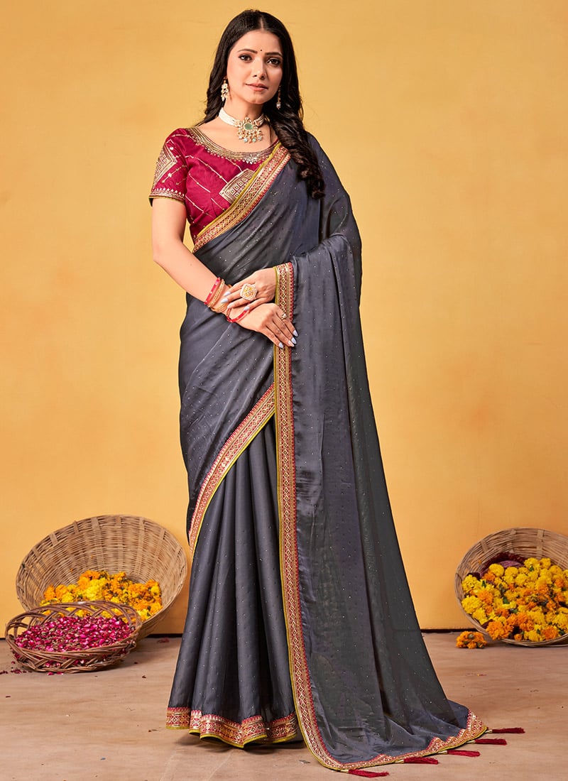 Dark Grey Rangoli Silk Embroidered Sequins Tikki Work Saree Festive Wear