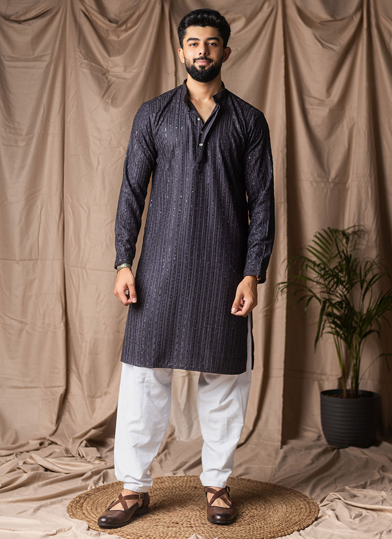 Dark Grey Rayon Embroidered Sequins Kurta Pyjama Festive Wear