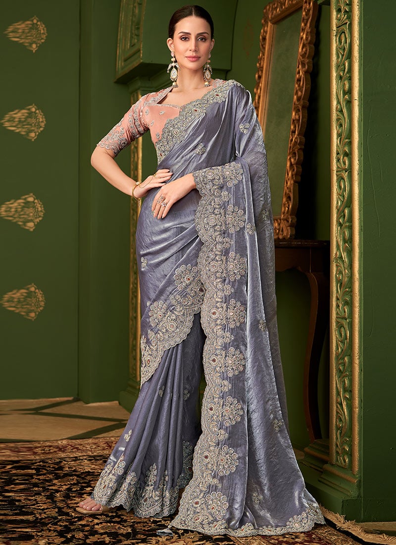 Dark Grey Satin Georgette Silk Zari Embroidered Sequins Saree Wedding Wear