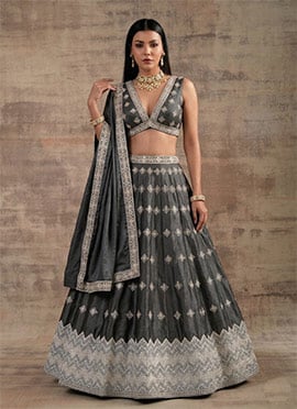 Dark Grey Satin Silk Zari Sequins Lehenga