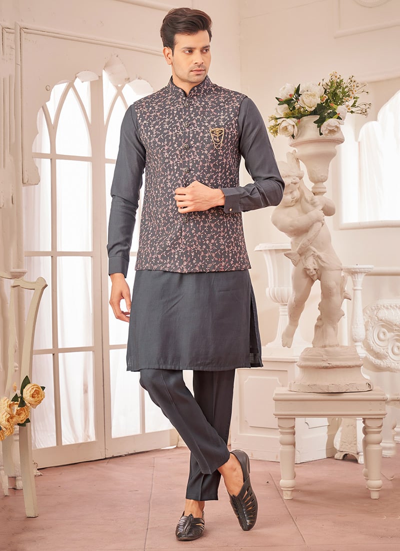 Dark Grey Silk Embroidered Bandi Set