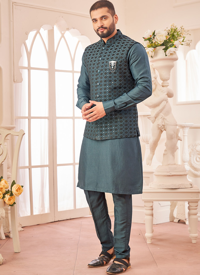 Dark Grey Silk Embroidered Sequins Bandi Set