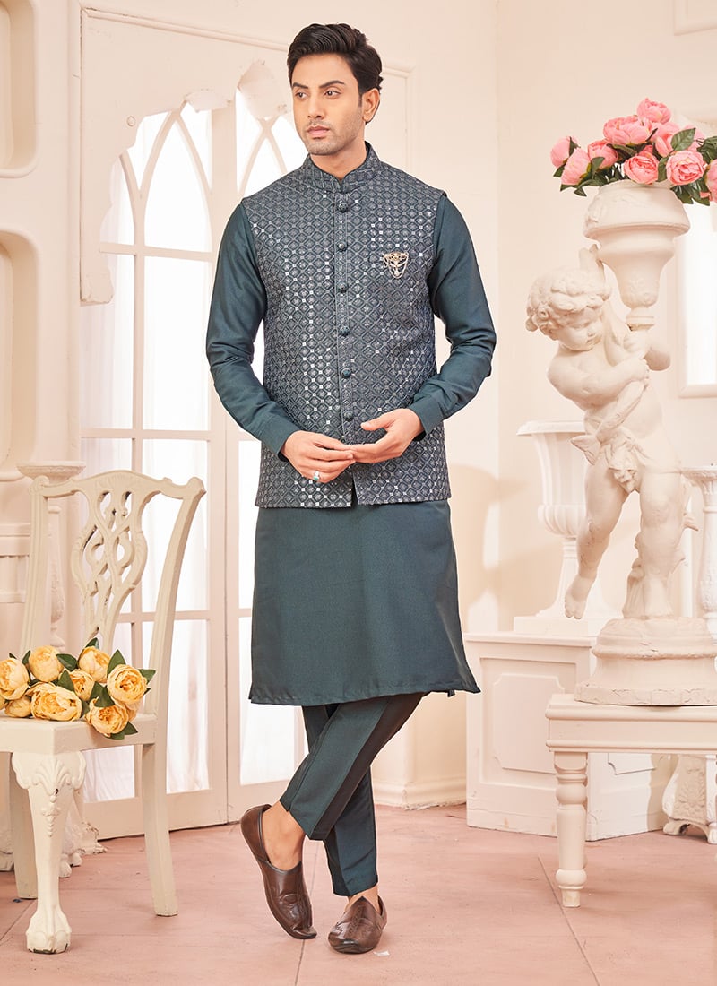 Dark Grey Silk Embroidered Sequins Bandi Set Festive Wear