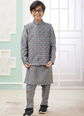 Dark Grey Silk Embroidered Sequins Kids Boys Bandi Set