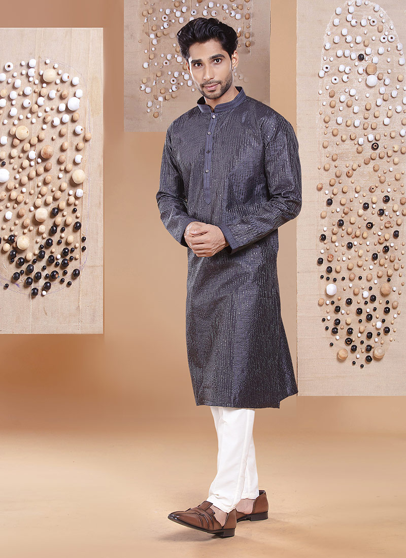 Dark Grey Silk Embroidered Sequins Kurta Pyjama Festive Wear