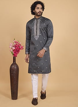 Dark Grey Silk Embroidered Sequins Kurta Pyjama