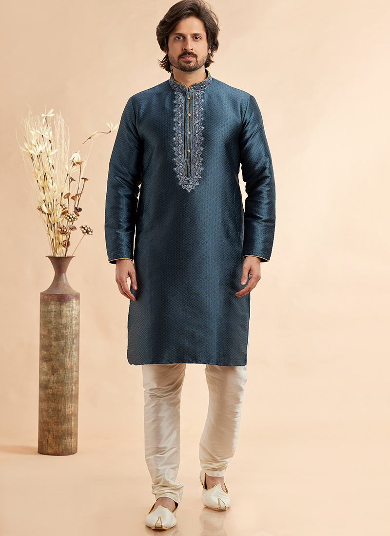 Dark Grey Silk Jacquard Kurta Pyjama Festive Wear