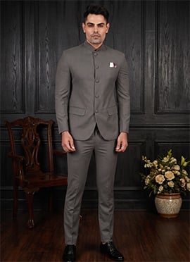 Dark Grey Silk Jodhpuri Suit For Men