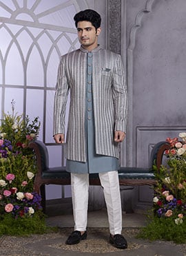 Dark Grey Silk Thread Embroidered Sequins Jacket Style Indowestern Sherwani
