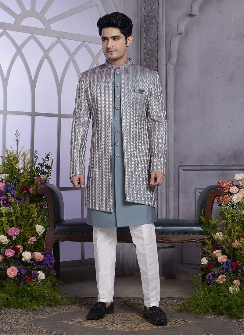 Dark Grey Silk Thread Embroidered Sequins Jacket Style Indowestern Sherwani Wedding Wear