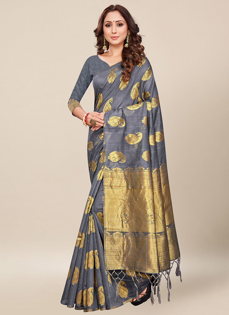 Buy Dark Grey Spun Cotton Zari Work 