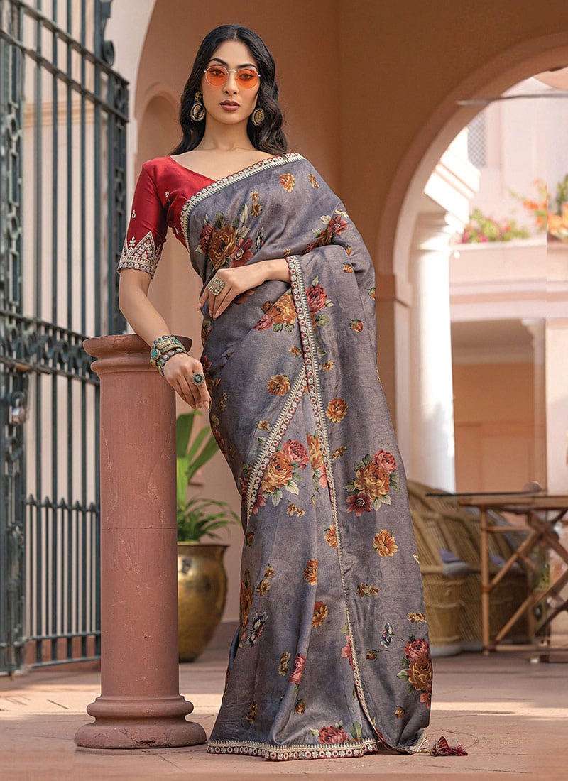 Dark Grey Viscose Dola Silk Zari Embroidered Sequins Floral Digital Print Saree Festive Wear