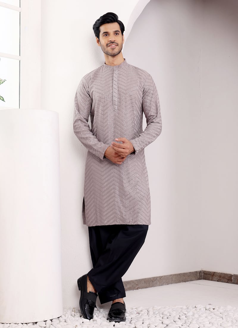 Dark Grey Viscose Embroidered Chikankari Work Kurta