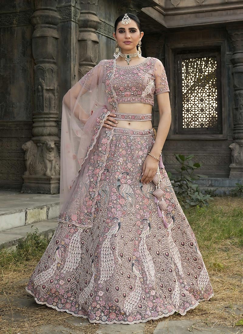 Dark Lavender Net Zari Embroidered Sequins With Stone Work Lehenga