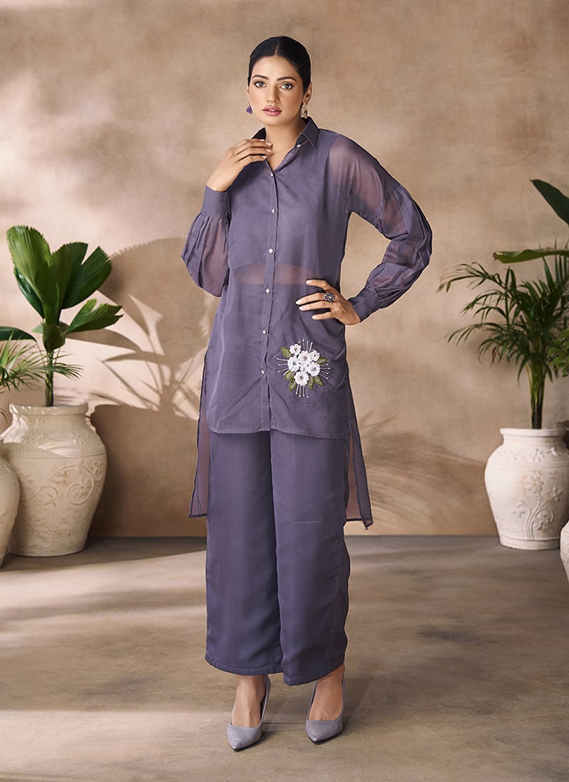 Dark Lavender Organza Sequins With Beads Handwork Indowestern Co ord Jacket Set