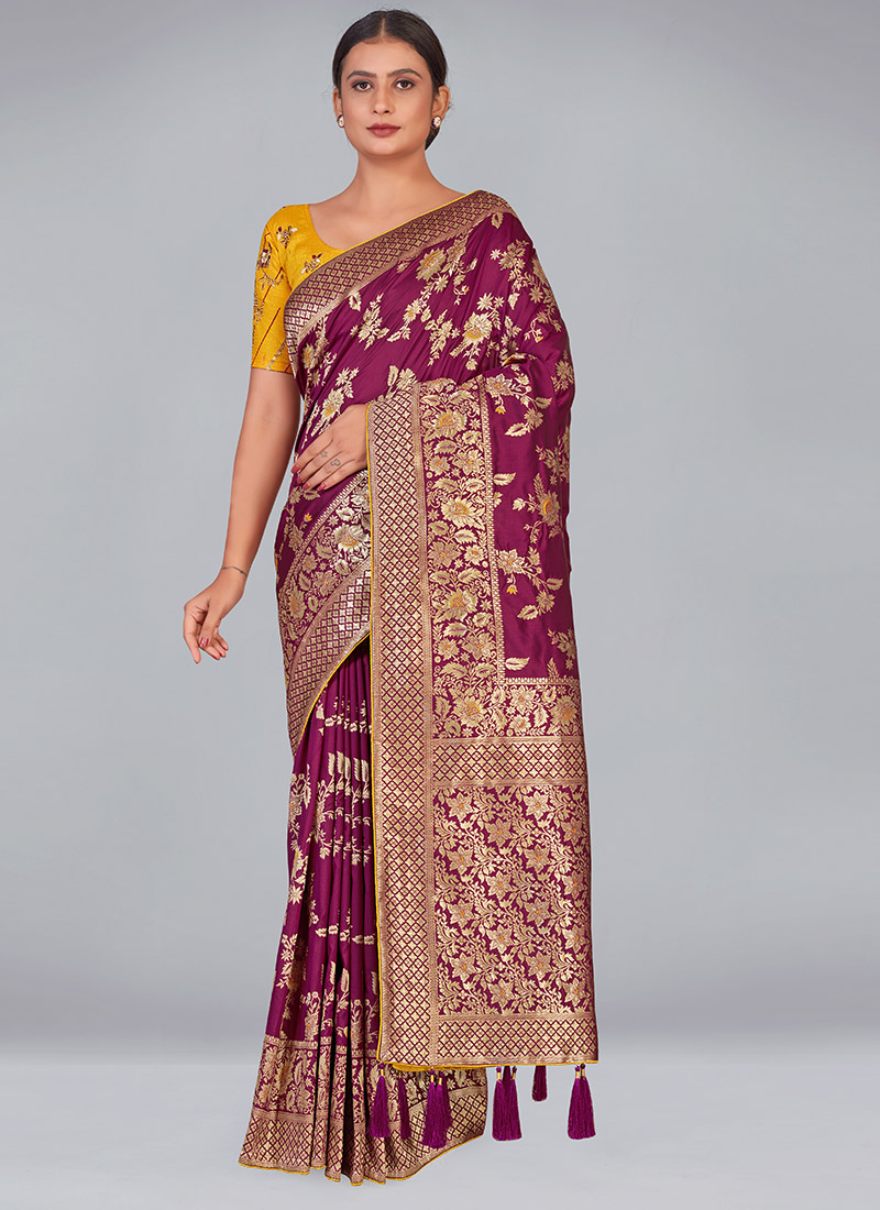 Dark Magenta Banarasi Silk Zari Woven Embroidered Saree Festive Wear