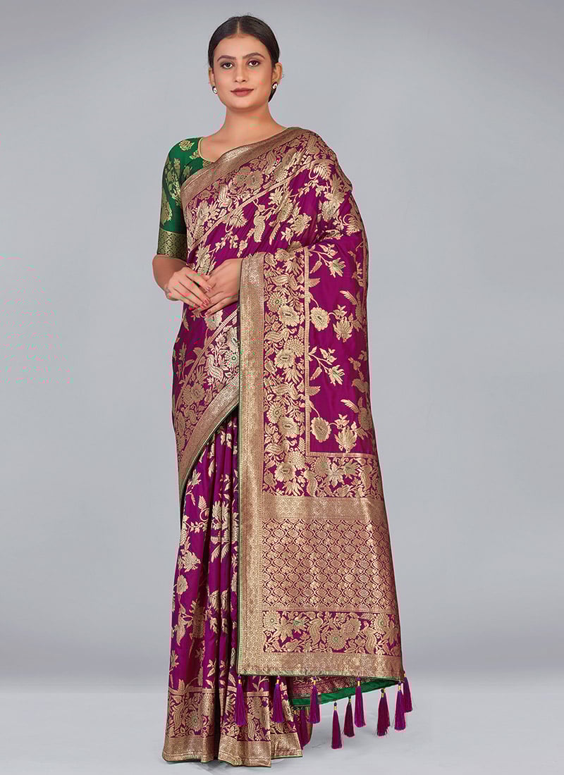 Dark Magenta Banarasi Silk Zari Woven Saree Festive Wear