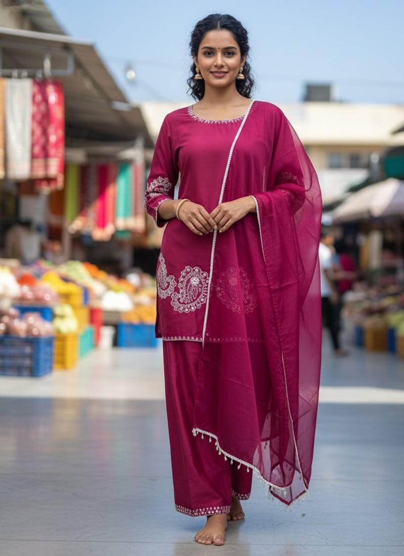 Dark Magenta Crepe Sequins Embroidered Thread Palazzo Suit Festive Wear
