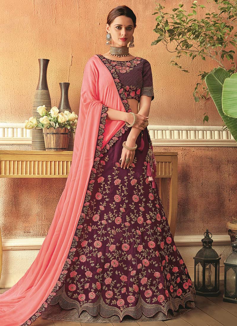 Buy Dark Magenta Embroidered Umbrella Lehenga Wedding Wear, Embroidered