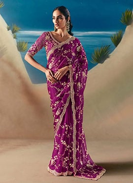 Dark Magenta Fancy Silk Zari Embroidered Sequins With Beads Work Saree