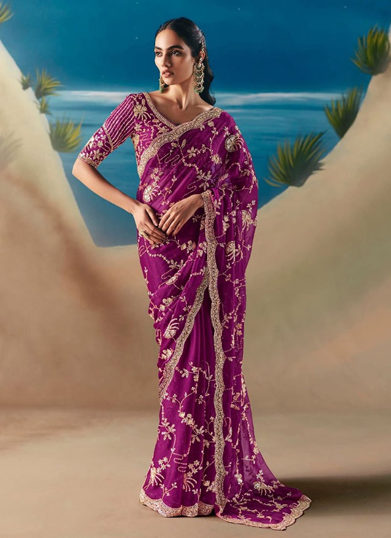 Dark Magenta Fancy Silk Zari Embroidered Sequins With Beads Work Saree Wedding Wear
