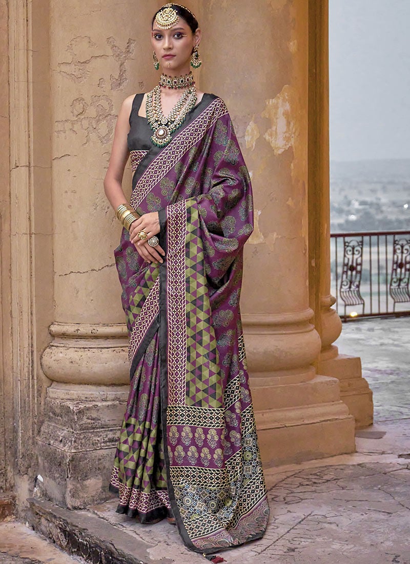 Dark Magenta Silk Ajrakh Print Saree After Six Wear