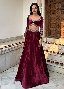 Dark Magenta Velvet Zari Sequins Embroidered Umbrella Lehenga