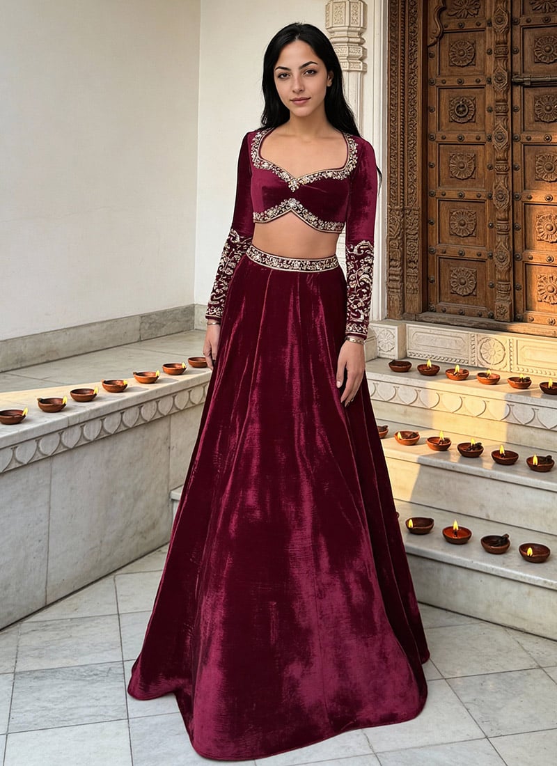 Dark Magenta Velvet Zari Sequins Embroidered Umbrella Lehenga Wedding Wear