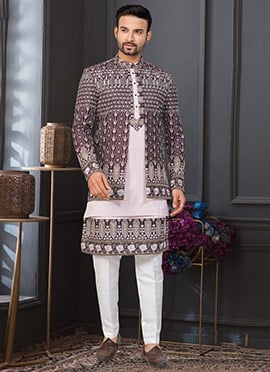 Dark Maroon  Light Pink Banarasi Silk Embroidered Sequins Thread Indowestern Sherwani