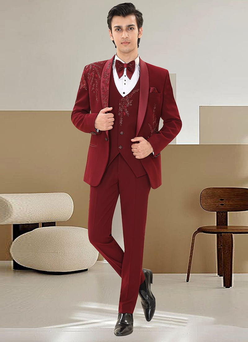 Dark Maroon Armani Satin Silk Beads Hand Embroidered Elegant Suit Wedding Wear