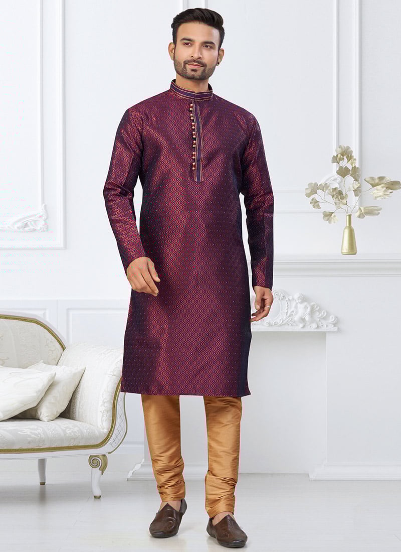 Dark Maroon Banarasi Jacquard Silk Kurta Pyjama Festive Wear