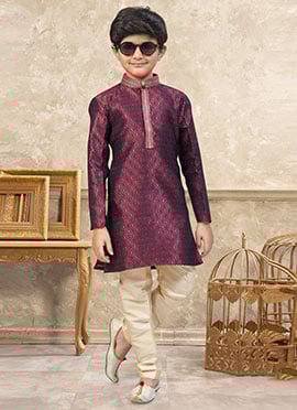 Dark Maroon Banarasi Silk Jacquard Thread Lace Work Kids Boys Kurta Pyjama