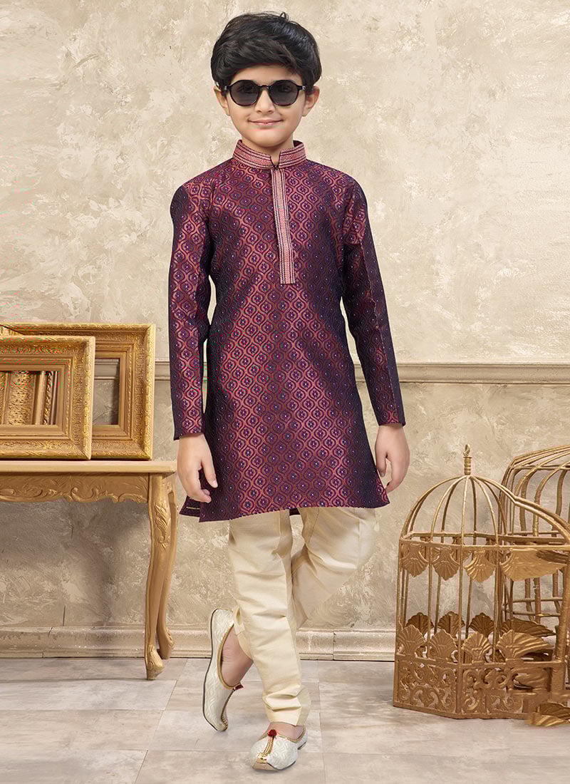 Dark Maroon Banarasi Silk Jacquard Thread Lace Work Kids Boys Kurta Pyjama Festive Wear