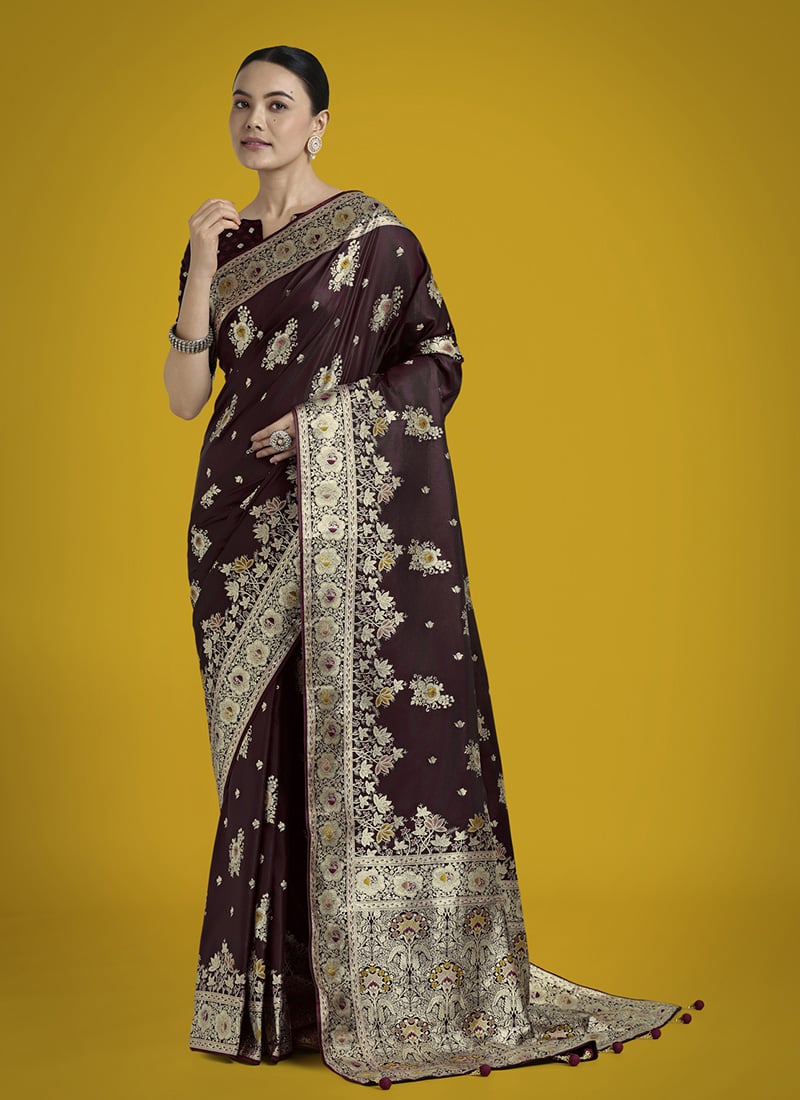 Dark Maroon Banarasi Silk Zari Woven Saree Festive Wear