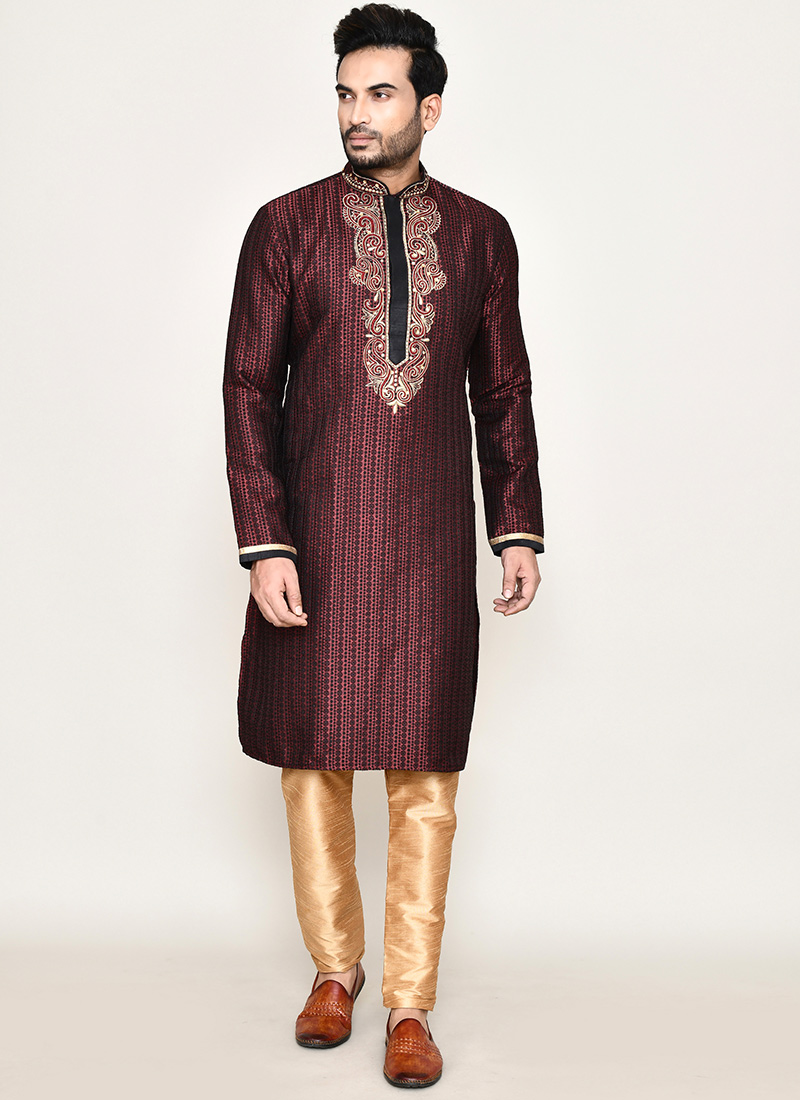 Dark Maroon Black bary Embroidered Thread Kurta Pyjama Festive Wear