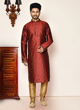 Dark Maroon Brocade Silk Tikki Work Kurta Pyjama