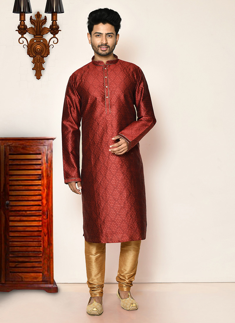 Dark Maroon Brocade Silk Tikki Work Kurta Pyjama Party Wear