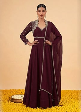 Dark Maroon Chanderi Zari Sequins Embroidered Anarkali Suit