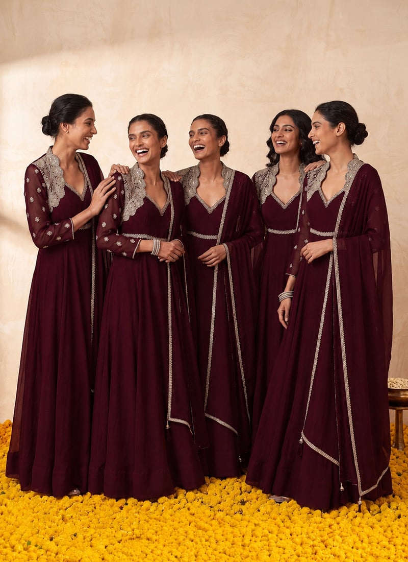 Dark Maroon Chanderi Zari Sequins Embroidered Anarkali Suit Festive Wear