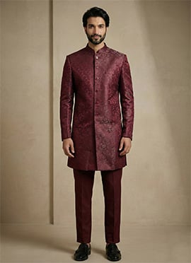 Dark Maroon Dornier Jacquard Indowestern Sherwani