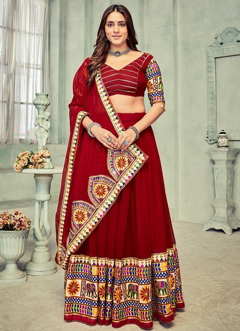 Dark Maroon Georgette Chaniya Choli Embroidery Gota And Kutch Work Festive Wear