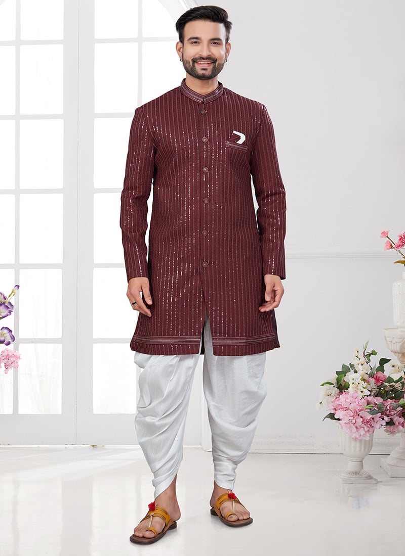 Dark Maroon Imported Silk Embroidered Sequins Indowestern Sherwani Festive Wear